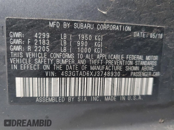 2018 Subaru Impreza Premium with VIN 4S3GTAD6XJ3748930, listed as a Copart auction lot 88153825 with 119,686 mi miles and Salvage title. Bid and sale history available at DreamBid. Image 12.