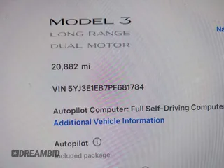 2023 Tesla Model 3 Long Range with VIN 5YJ3E1EB7PF681784, listed as a IAAI auction lot 41534837 with 20,882 mi miles and . Bid and sale history available at DreamBid. Image 16.