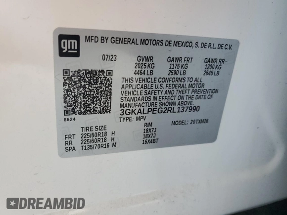 2024 GMC Terrain SLT with VIN 3GKALPEG2RL137990, listed as a Copart auction lot 58027655 with 35,567 mi miles and Salvage title. Bid and sale history available at DreamBid. Image 12.