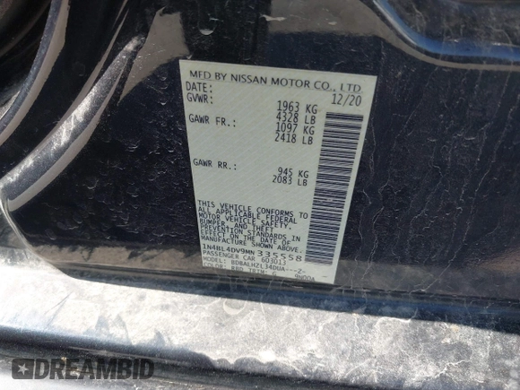 2021 Nissan Altima SV with VIN 1N4BL4DV9MN335558, listed as a IAAI auction lot 41969465 with 100,581 mi miles and . Bid and sale history available at carsss.com. Image 9.