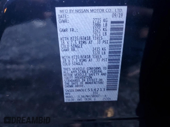 2020 Infiniti QX60 Pure with VIN 5N1DL0MN3LC514213, listed as a Copart auction lot 49031565 with 103,459 mi miles and Salvage Title. Bid and sale history available at DreamBid. Image 14.
