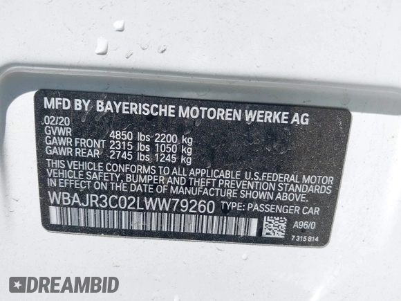 2020 BMW 5 Series 530i with VIN WBAJR3C02LWW79260, listed as a IAAI auction lot 41798999 with 91,180 mi miles and . Bid and sale history available at DreamBid. Image 9.