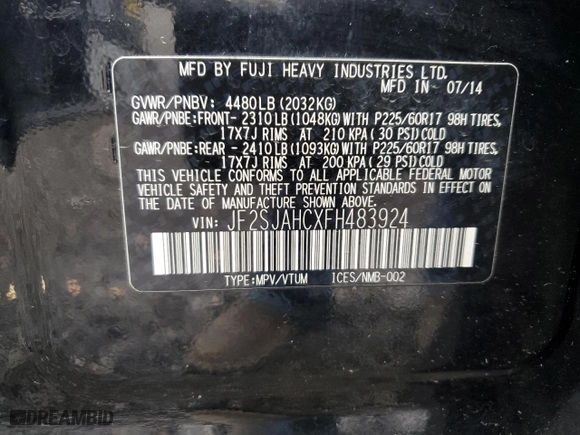 2015 Subaru Forester 2.5i Limited with VIN JF2SJAHCXFH483924, listed as a Copart auction lot 50807585 with 95,619 mi miles and Salvage Title. Bid and sale history available at carsss.com. Image 13.
