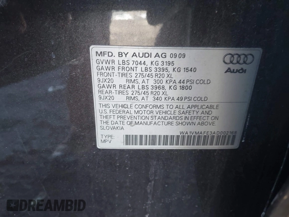 2010 Audi Q7 3.0L TDI Prestige with VIN WA1VMAFE3AD002168, listed as a IAAI auction lot 41418115 with 999,999 mi miles. Bid and sale history available at carsss.com. Image 9.
