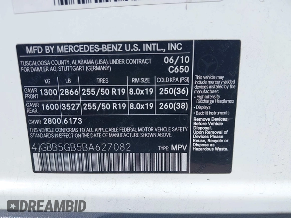 2011 Mercedes-Benz M 350 with VIN 4JGBB5GB5BA627082, listed as a IAAI auction lot 42036823 with 164,098 mi miles and . Bid and sale history available at DreamBid. Image 9.