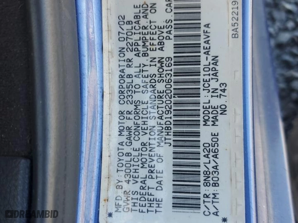 2002 Lexus IS 300 with VIN JTHBD192020063169, listed as a Copart auction lot 76373254 with 0 mi miles and Non Repairable. Bid and sale history available at carsss.com. Image 13.