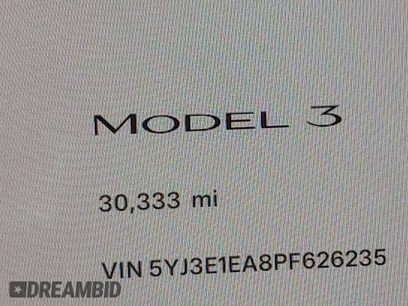 2023 Tesla Model 3 with VIN 5YJ3E1EA8PF626235, listed as a IAAI auction lot 42022893 with 30,333 mi miles and . Bid and sale history available at DreamBid. Image 16.