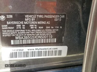 2013 BMW 3 Series 328i xDrive with VIN WBA3B5G5XDNS00119, listed as a Copart auction lot 53174195 with 82,215 mi miles and Salvage title. Bid and sale history available at DreamBid. Image 12.