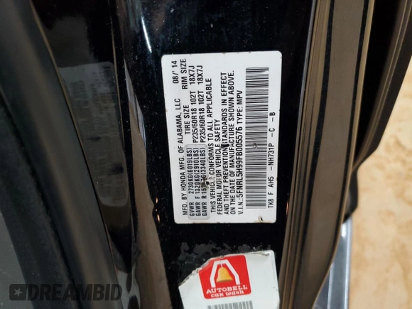 2015 Honda Odyssey Touring Elite with VIN 5FNRL5H99FB005576, listed as a Copart auction lot 58963215 with 167,967 mi miles and Salvage title. Bid and sale history available at DreamBid. Image 13.