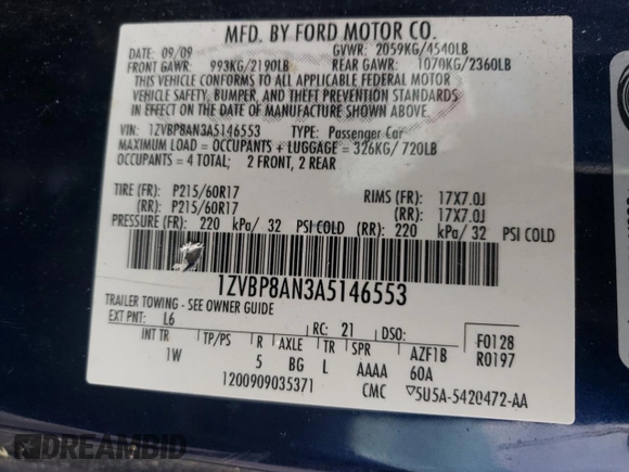 2010 Ford Mustang V6 with VIN 1ZVBP8AN3A5146553, listed as a Copart auction lot 52109285 with 252,708 mi miles and Salvage Title. Bid and sale history available at DreamBid. Image 12.