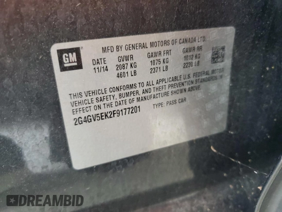2015 Buick Regal with VIN 2G4GV5EK2F9177201, listed as a Copart auction lot 55065655 with 110,042 mi miles and Salvage title. Bid and sale history available at DreamBid. Image 12.