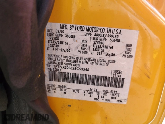 2002 Ford F-250 XL with VIN 1FTNX20L62EC53546, listed as a Copart auction lot 71931714 with 230,427 mi miles and Salvage title. Bid and sale history available at DreamBid. Image 12.