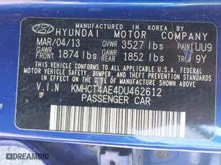 2013 Hyundai Accent GLS with VIN KMHCT4AE4DU462612, listed as a IAAI auction lot 41757907 with 177,171 mi miles. Bid and sale history available at carsss.com. Image 9.