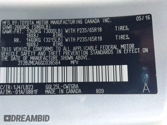 2016 Lexus RX 350 with VIN 2T2BZMCA6GC038564, listed as a IAAI auction lot 42203817 with 140,147 mi miles and . Bid and sale history available at DreamBid. Image 9.