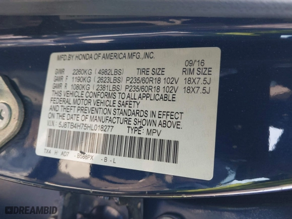 2017 Acura RDX w/Advance Pkg with VIN 5J8TB4H75HL018277, listed as a IAAI auction lot 41516367 with 99,208 mi miles. Bid and sale history available at carsss.com. Image 9.