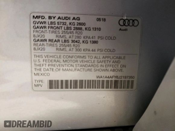 2018 Audi SQ5 Premium Plus with VIN WA1A4AFY6J2197350, listed as a Copart auction lot 78088293 with 43,553 mi miles and . Bid and sale history available at DreamBid. Image 12.