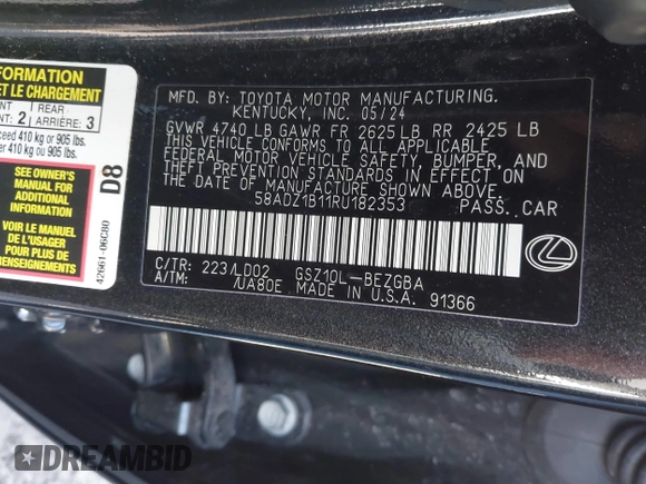 2024 Lexus ES 350 z VIN 58ADZ1B11RU182353, wystawiony jako IAAI lot #41767604 z przebiegiem 20 825 mil mil oraz . Historia ofert i sprzedaży dostępna na DreamBid. Obrazek 9.