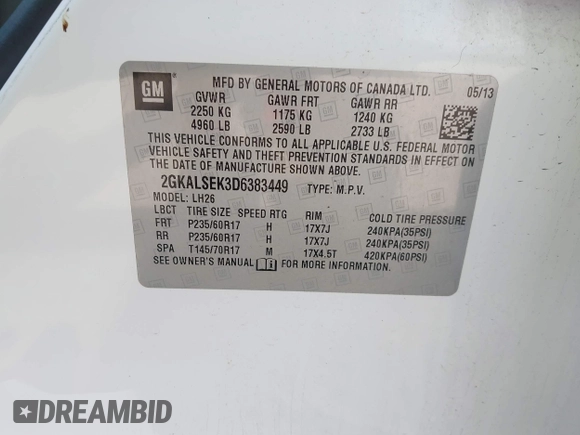 2013 GMC Terrain SLE with VIN 2GKALSEK3D6383449, listed as a IAAI auction lot 42574533 with 162,764 mi miles and . Bid and sale history available at DreamBid. Image 9.