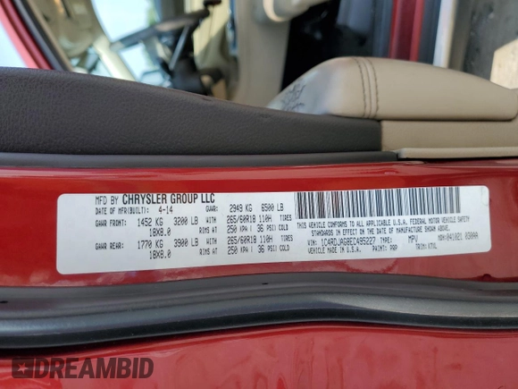 2014 Dodge Durango SXT with VIN 1C4RDJAG8EC495227, listed as a Copart auction lot 63550295 with 359,835 mi miles and Salvage title. Bid and sale history available at DreamBid. Image 14.
