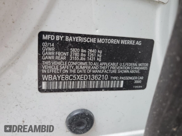 2014 BMW 7 Series ALPINA B7 with VIN WBAYE8C5XED136210, listed as a Copart auction lot 63688334 with 0 mi miles and Salvage Title. Bid and sale history available at carsss.com. Image 12.