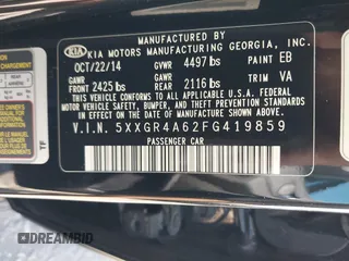 2015 Kia Optima SX Turbo with VIN 5XXGR4A62FG419859, listed as a IAAI auction lot 41805481 with 166,602 mi miles. Bid and sale history available at carsss.com. Image 9.