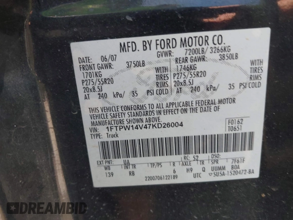 2007 Ford F-150 XLT z VIN 1FTPW14V47KD26004, wystawiony jako IAAI lot #42482463 z przebiegiem 275 392 mil mil oraz . Historia ofert i sprzedaży dostępna na DreamBid. Obrazek 9.