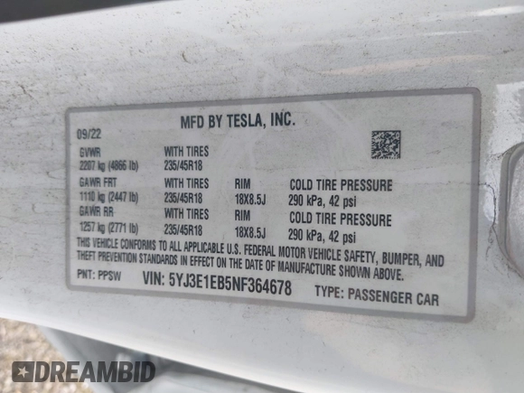 2022 Tesla Model 3 Long Range with VIN 5YJ3E1EB5NF364678, listed as a IAAI auction lot 41570361 with 17,792 mi miles. Bid and sale history available at carsss.com. Image 9.