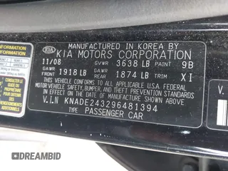 2009 Kia Rio LX with VIN KNADE243296481394, listed as a IAAI auction lot 41498863 with 59,222 mi miles. Bid and sale history available at carsss.com. Image 9.