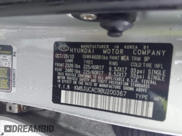 2011 Hyundai Tucson Limited with VIN KM8JUCAC9BU200367, listed as a IAAI auction lot 41867617 with 228,456 mi miles and . Bid and sale history available at DreamBid. Image 9.