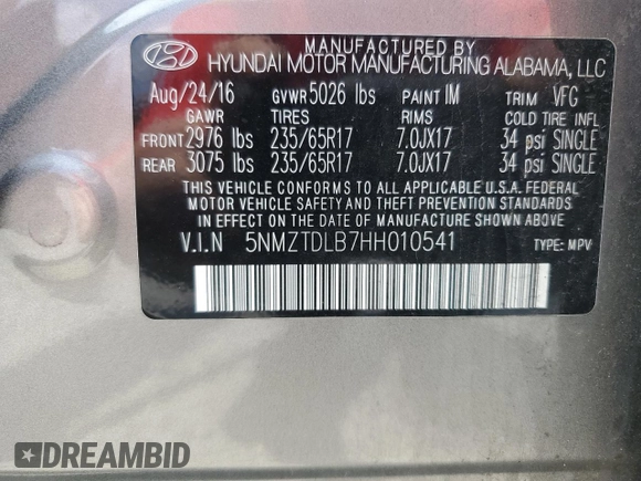 2017 Hyundai Santa Fe 2.4L with VIN 5NMZTDLB7HH010541, listed as a Copart auction lot 65151475 with 101,602 mi miles and Clean title. Bid and sale history available at DreamBid. Image 13.