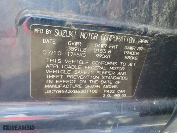 2011 Suzuki SX4 Crossover with VIN JS2YB5A3XB6301108, listed as a Copart auction lot 74292834 with 190,564 mi miles and Salvage Title. Bid and sale history available at carsss.com. Image 12.
