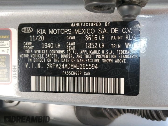 2021 Kia Rio LX with VIN 3KPA24AD8ME365594, listed as a Copart auction lot 70872864 with 68,808 mi miles and Salvage Title. Bid and sale history available at DreamBid. Image 12.