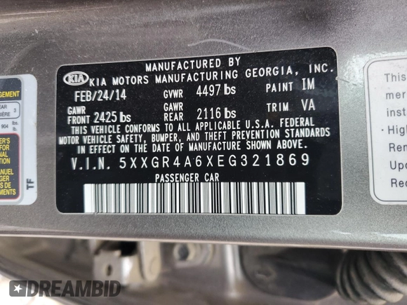 2014 Kia Optima SX Turbo with VIN 5XXGR4A6XEG321869, listed as a Copart auction lot 61821185 with 194,613 mi miles and Clean title. Bid and sale history available at DreamBid. Image 12.