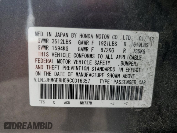 2012 Honda Fit Sport with VIN JHMGE8H59CC016357, listed as a Copart auction lot 47679185 with 19,999 mi miles and Salvage Title. Bid and sale history available at carsss.com. Image 15.