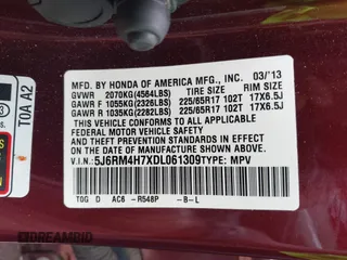 2013 Honda CR-V EX-L with VIN 5J6RM4H7XDL061309, listed as a IAAI auction lot 42628117 with 88,420 mi miles and . Bid and sale history available at DreamBid. Image 9.