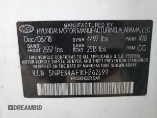 2019 Hyundai Sonata SEL with VIN 5NPE34AF1KH762699, listed as a Copart auction lot 49857895 with Not Provided miles and Non Repairable. Bid and sale history available at DreamBid. Image 12.