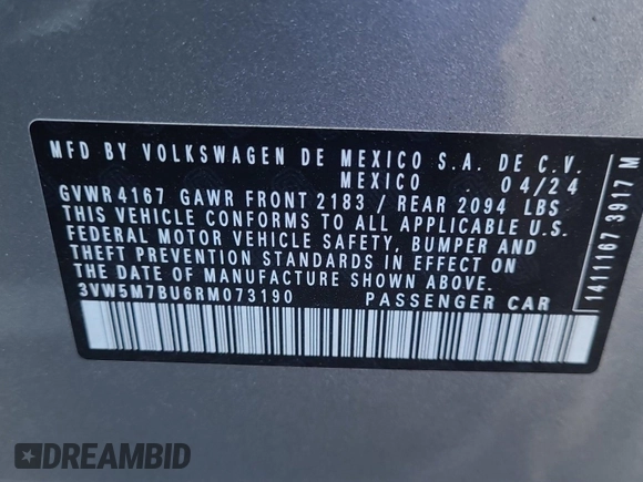 2024 Volkswagen Jetta S with VIN 3VW5M7BU6RM073190, listed as a IAAI auction lot 42844463 with 33,096 mi miles and . Bid and sale history available at DreamBid. Image 25.