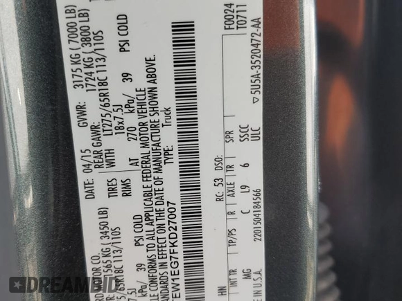 2015 Ford F-150 XLT with VIN 1FTEW1EG7FKD27007, listed as a Copart auction lot 46314205 with 156,171 mi miles and Salvage Title. Bid and sale history available at carsss.com. Image 14.