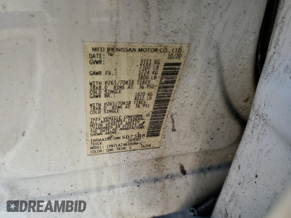 2021 Nissan Titan S with VIN 1N6AA1EC5MN507508, listed as a Copart auction lot 83966074 with 61,281 mi miles and Clean title. Bid and sale history available at DreamBid. Image 12.