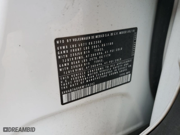 2019 Volkswagen Tiguan SEL Premium with VIN 3VV4B7AX9KM156202, listed as a Copart auction lot 52372185 with 76,777 mi miles and Salvage Title. Bid and sale history available at carsss.com. Image 15.