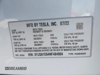 2022 Tesla Model S Plaid with VIN 5YJSA1E64NF484904, listed as a IAAI auction lot 41594464 with 25,299 mi miles and . Bid and sale history available at DreamBid. Image 9.