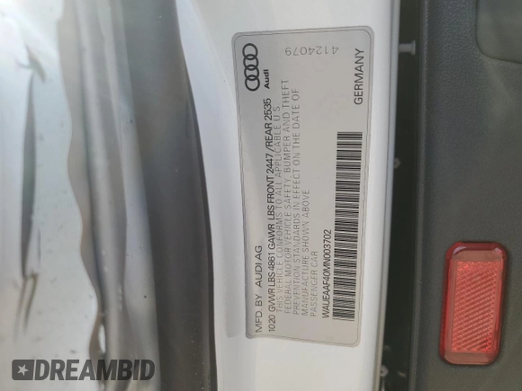 2021 Audi A4 S line Premium Plus z VIN WAUEAAF40MN003702, wystawiony jako Copart lot #47108135 z przebiegiem Nie podano mil oraz Szkoda całkowita • Salvage title. Historia ofert i sprzedaży dostępna na DreamBid. Obrazek 14.