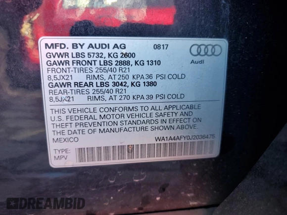 2018 Audi SQ5 Premium Plus with VIN WA1A4AFY0J2036475, listed as a Copart auction lot 86401864 with 85,061 mi miles and Salvage Title. Bid and sale history available at DreamBid. Image 13.