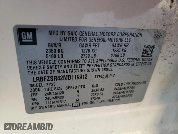 2021 Buick Envision Avenir with VIN LRBFZSR42MD119912, listed as a Copart auction lot 84413154 with 22,327 mi miles and Salvage Title. Bid and sale history available at carsss.com. Image 15.