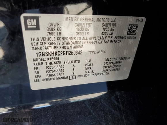 2016 Chevrolet Suburban LT with VIN 1GNSKHKC2GR260342, listed as a Copart auction lot 63757454 with 85,611 mi miles and Salvage Title. Bid and sale history available at carsss.com. Image 13.