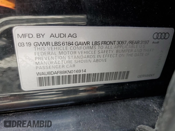 2019 Audi A8 with VIN WAU8DAF88KN016914, listed as a Copart auction lot 57621665 with 47,647 mi miles and Salvage title. Bid and sale history available at DreamBid. Image 12.