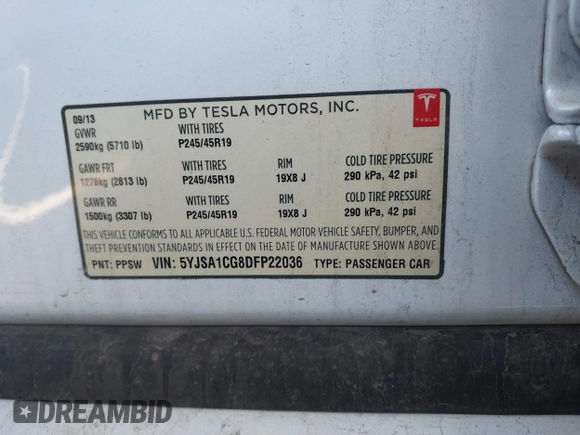 2013 Tesla Model S с VIN 5YJSA1CG8DFP22036, выставлен на аукционе IAAI как лот 41886249 с пробегом 125 477 миль миль и . История ставок и продаж доступна на DreamBid. Изображение 9.