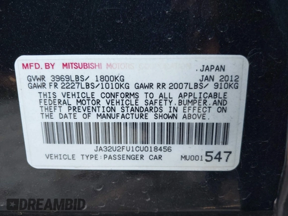 2012 Mitsubishi Lancer ES with VIN JA32U2FU1CU018456, listed as a IAAI auction lot 41487074 with 201,925 mi miles and . Bid and sale history available at DreamBid. Image 9.