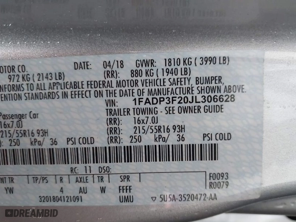 2018 Ford Focus SE with VIN 1FADP3F20JL306628, listed as a IAAI auction lot 41835004 with 28,070 mi miles. Bid and sale history available at carsss.com. Image 9.
