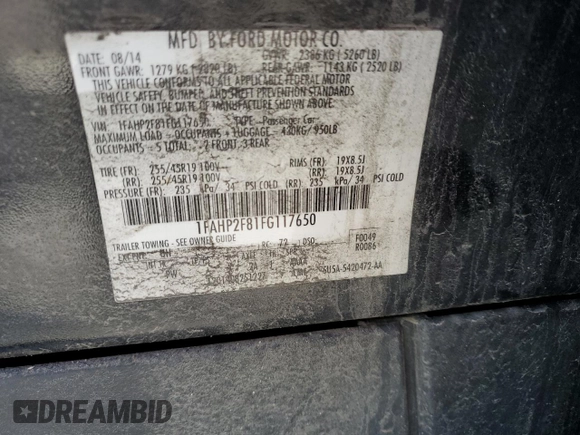 2015 Ford Taurus Limited with VIN 1FAHP2F81FG117650, listed as a Copart auction lot 55126245 with 201,909 mi miles and Salvage title. Bid and sale history available at DreamBid. Image 12.